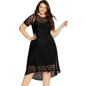 City Chic Plus Size Spot Flock Black Mesh Hi Low Midi Size 14 NWT